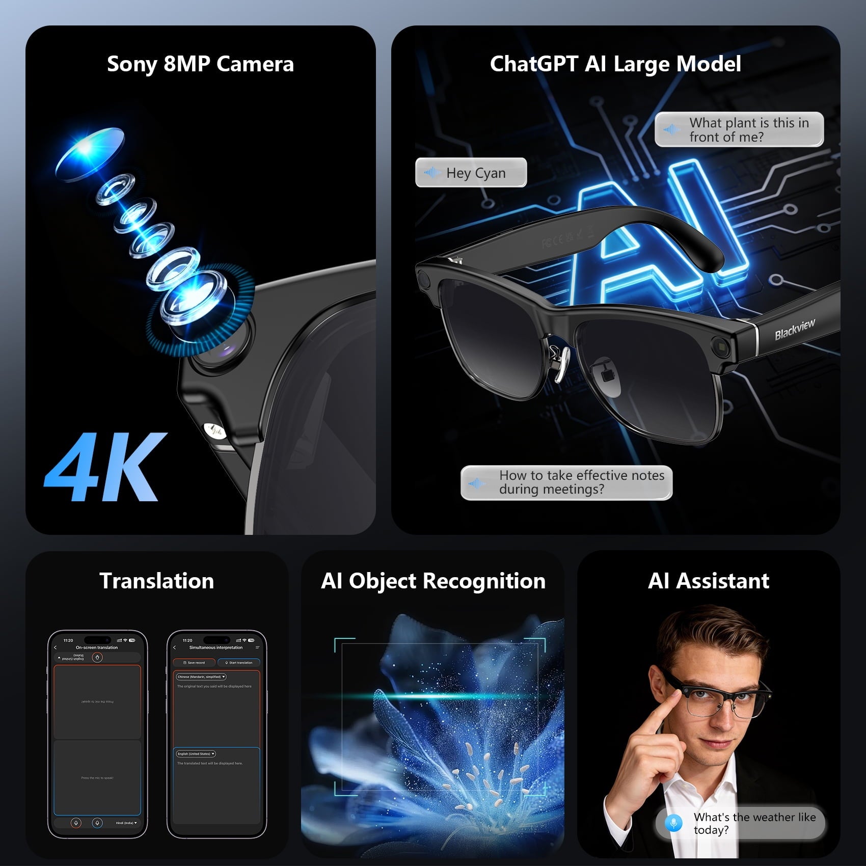 Blackview AI Smart Glasses with Camera, 1080P HD Video & Photo Capture, Real-Time Translation, Recording Glasses with AI Assistant for Women & Men, Open-Ear Audio for Travel (Photochromic)